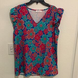 First Love Vibrant Boho Floral Ruffle Sleeve Blouse Romantic Feminine